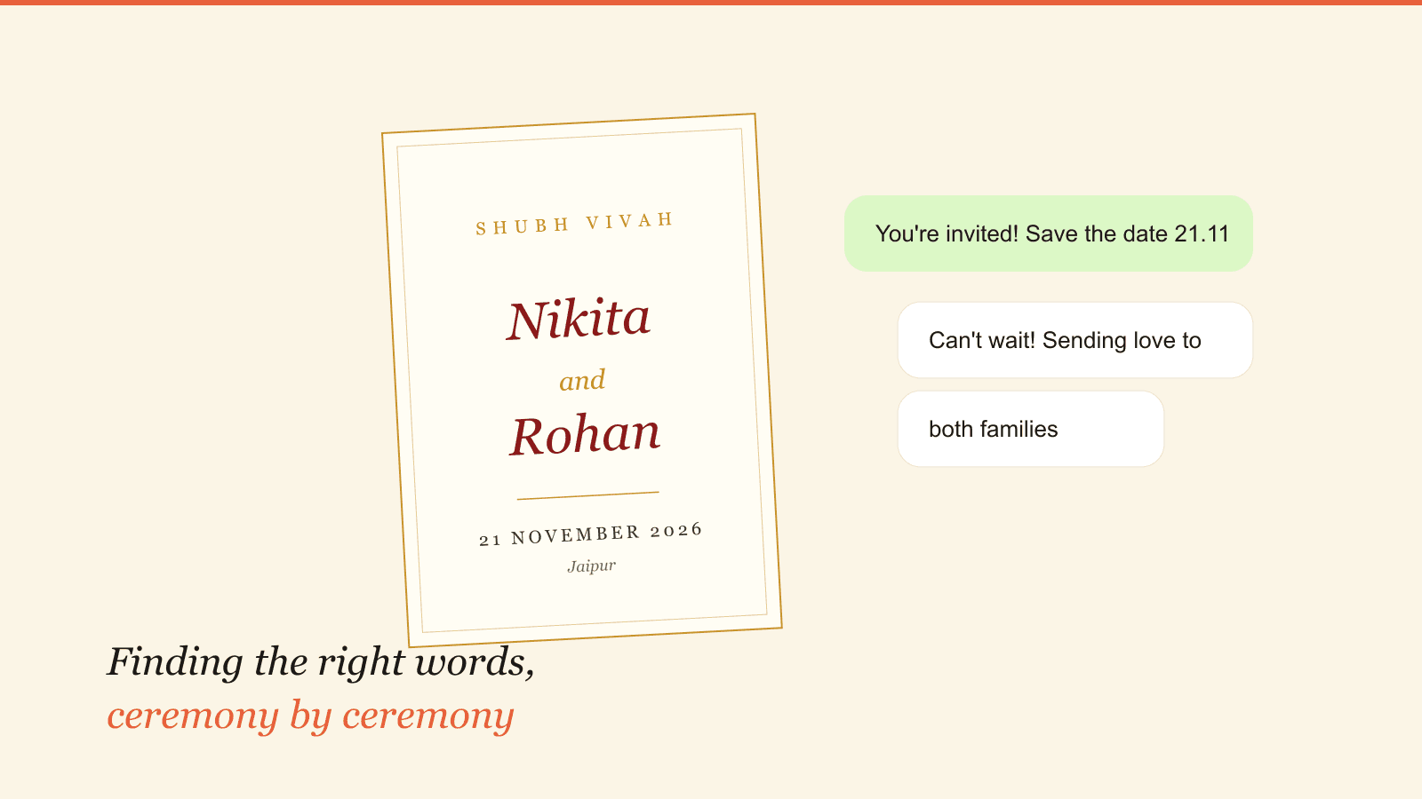 A traditional Indian wedding invitation card next to WhatsApp chat bubbles showing an invitation message and a warm reply