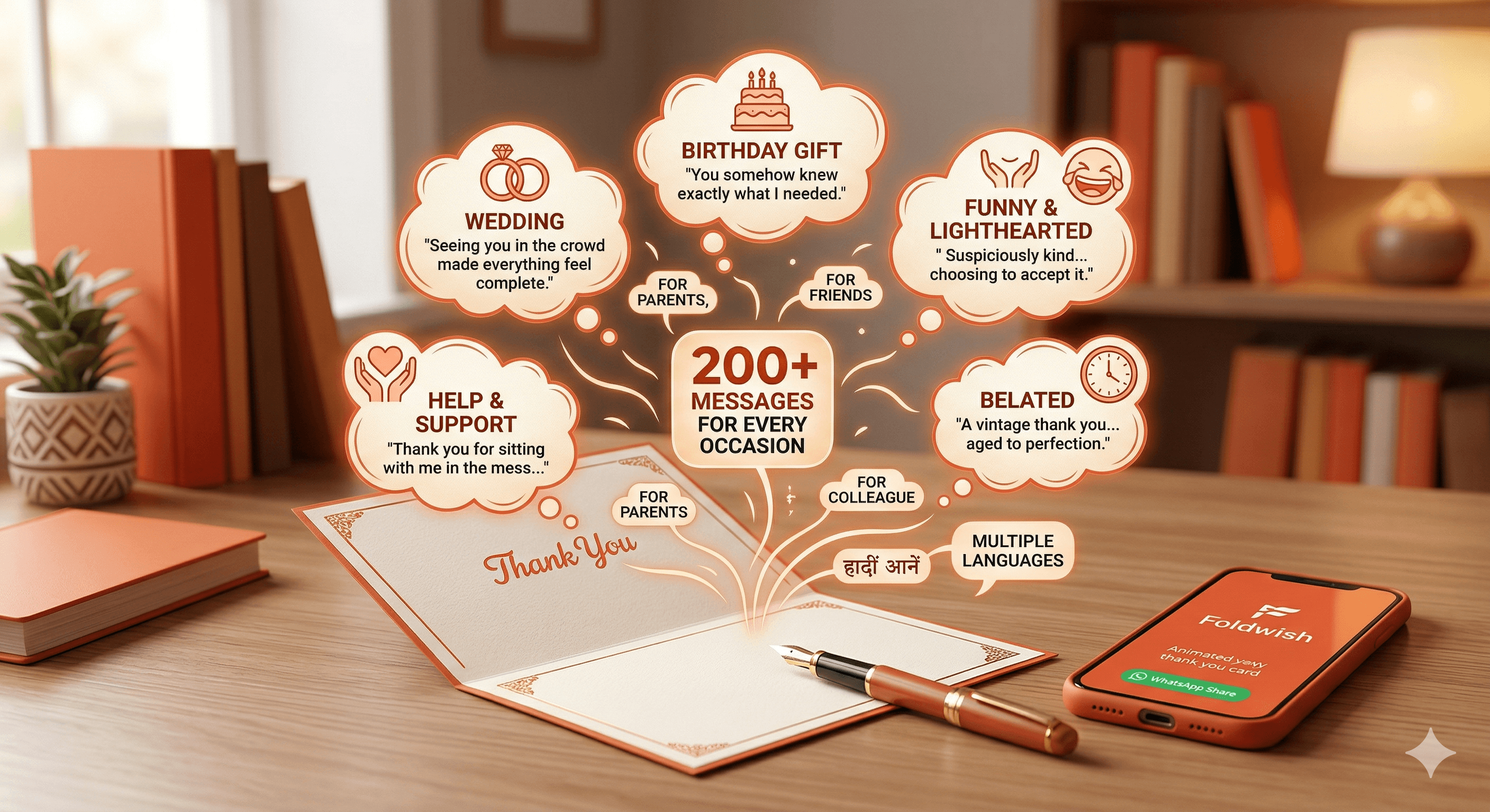 A beautifully written thank you card surrounded by flowers, a pen, and a phone showing a digital thank you card on a cozy desk