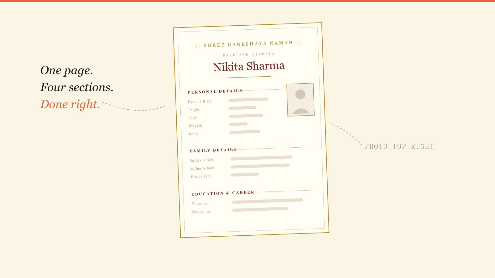 A one-page Indian marriage biodata document showing personal, family and education sections with a photo placed top right